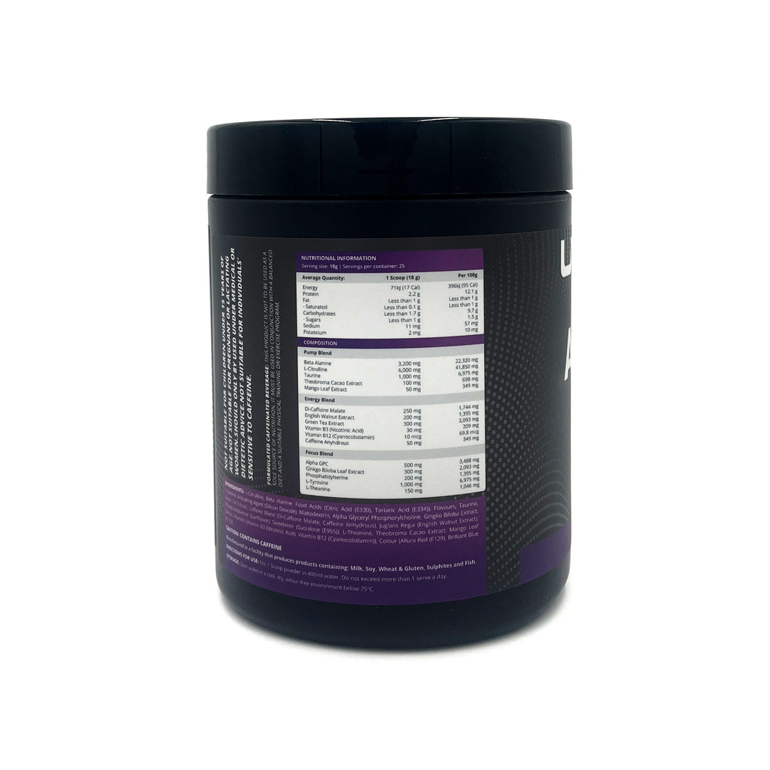 Pre-workout supplement container labeled 'Ascend' with branding on a white background by UM, previously UM Sports and Urban Muscle