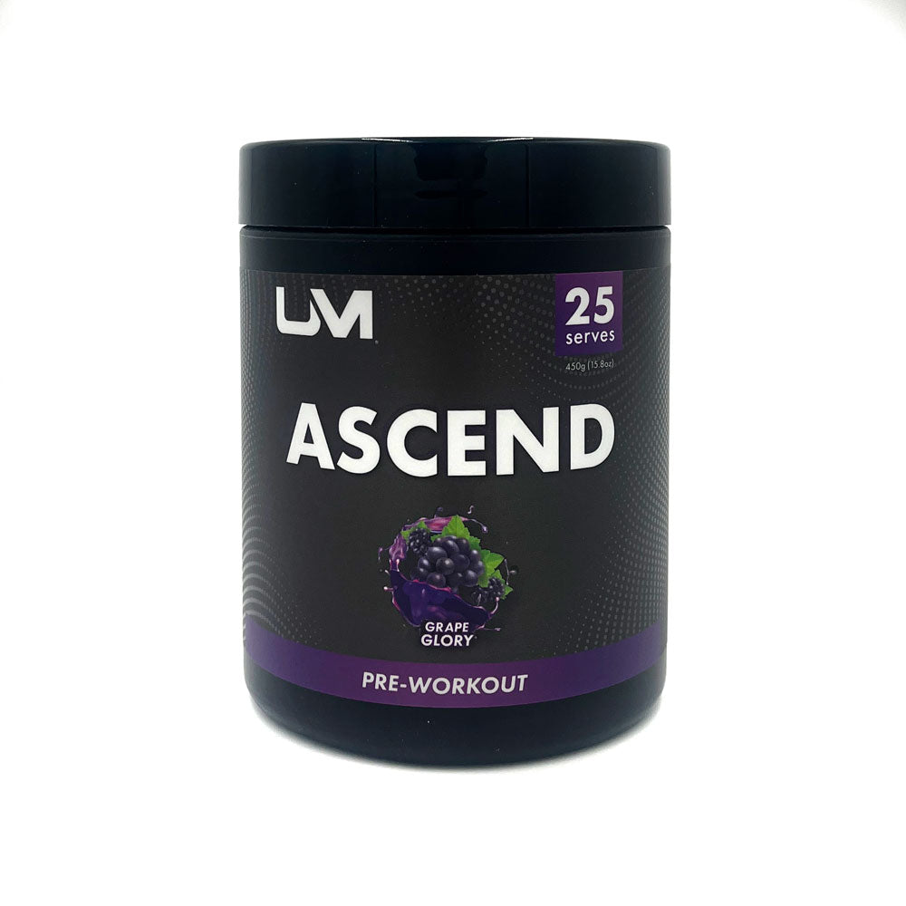 Pre-workout supplement container labeled 'Ascend' with branding on a white background by UM, previously UM Sports and Urban Muscle