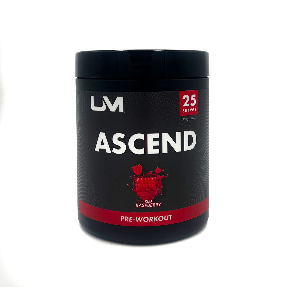 Pre-workout supplement container labeled 'Ascend' with branding on a white background by UM, previously UM Sports and Urban Muscle