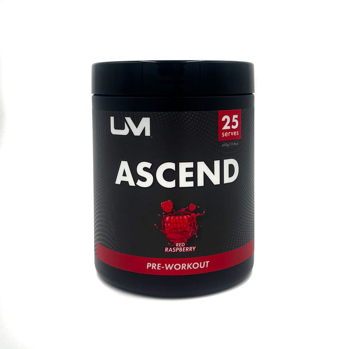 Pre-workout supplement container labeled 'Ascend' with branding on a white background by UM, previously UM Sports and Urban Muscle